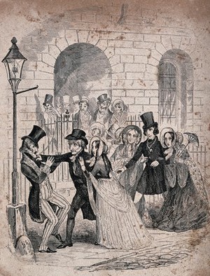 view Hicks Hall, Session House, Clerkenwell: a man is recognized outside the court. Etching by T. Onwhyn, 1841.