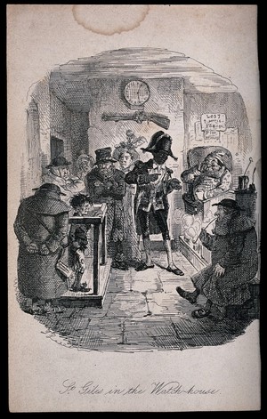 view The boy St Giles, arrested for stealing a hat belonging to the boy St James, is arraigned before the night-constable at Covent Garden watch-house. Etching after John Leech, 1845.