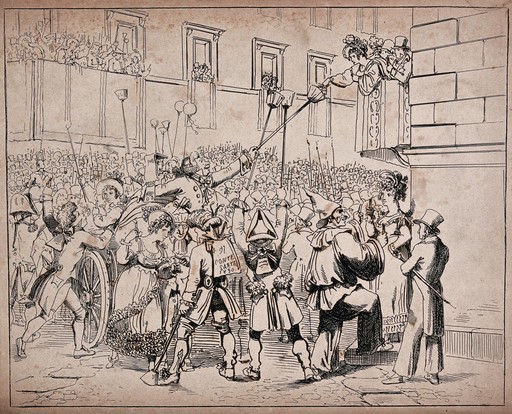 A crowd of people are in the streets around a carriage carrying a woman and a large man on the back. Etching.