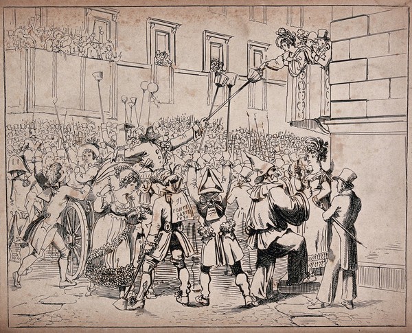 Rome: a crowd of revellers in the Corso celebrate the end of carnival by snuffing out candles. Etching by B. Pinelli, 1830.