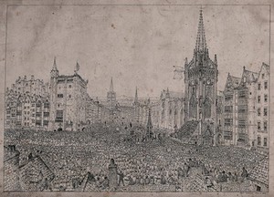 view A vast crowd of people throngs the streets of a city. Etching by J. Nasmyth.
