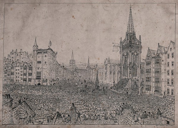 A vast crowd of people throngs the streets of a city. Etching by J. Nasmyth.