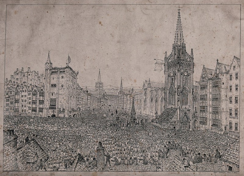 A vast crowd of people throngs the streets of a city. Etching by J. Nasmyth., by James Nasmyth