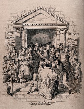 The election of a parish beadle in England: crowds thronging the entrance to the polling station, including supporters of the rival candidates, Spruggins and Bung, who expect to be elected according to the large number of their dependents. Etching by George Cruikshank, 1836.