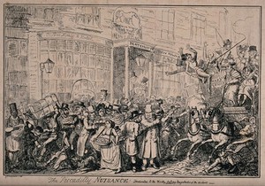 view Crowds of people are thronging the streets of Westminster, with traders hawking their wares and others arguing, and so much noise and bustle the horse and carriage is nearly overturned. Etching by George Cruikshank.