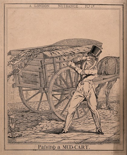 A man dressed in fine clothes is shielding his face from the mud which is spattering on him as it is thrown onto the passing cart. Etching by Richard Dighton.