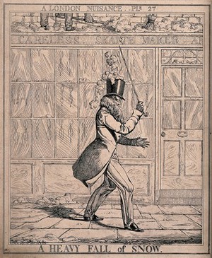 view Snow falls on to the head of a passer-by as it is shovelled off a roof, causing his hat to cover his eyes. Etching by Richard Dighton, 1821.