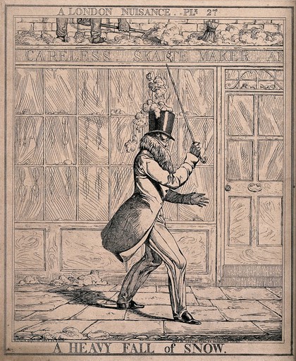 Snow falls on to the head of a passer-by as it is shovelled off a roof, causing his hat to cover his eyes. Etching by Richard Dighton, 1821.