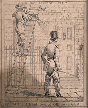 view Oil is spilling on to a man as he walks by the ladder of the lamplighter. Etching by Richard Dighton, 1821.