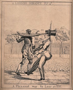 A boy is carrying meat on a container across his shoulders, the handles threaten to poke out the eye of a passer-by. Etching by Richard Dighton, 1821.