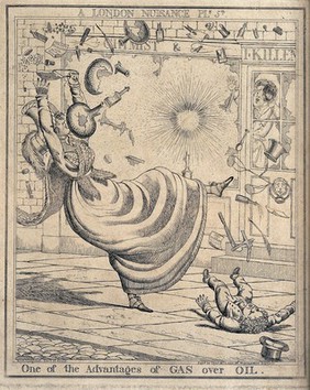 A woman is passing a shop selling oil lamps and is knocked off her feet by the blast of an explosion. Etching by Richard Dighton.