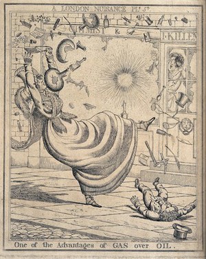 view A woman is passing a shop selling oil lamps and is knocked off her feet by the blast of an explosion. Etching by Richard Dighton.