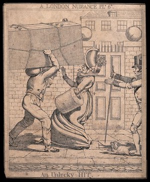 view A woman is nearly knocked over by a man carrying a large item on his head. Etching by Richard Dighton, 1821.