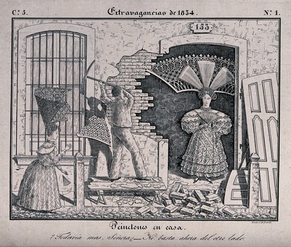A man in Buenos Aires is knocking down the wall of a house so that a woman wearing a very large head dress can get out. Lithograph by C.H. Bacle.