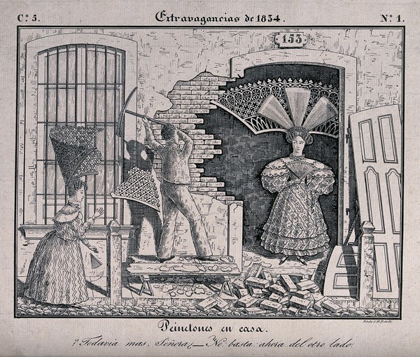 A man in Buenos Aires is knocking down the wall of a house so that a woman wearing a very large head dress can get out. Lithograph by C.H. Bacle.