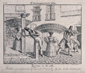 view A woman is walking down the street in Buenos Aires wearing a very large head dress which is knocking people over and poking them in the eye. Lithograph by C.H. Bacle.