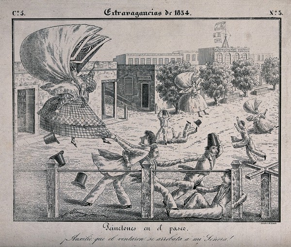 A man in Buenos Aires is holding on to the skirts of a woman as she is being blown away by the wind that has caught in her large head dress. Lithograph by C.H. Bacle.