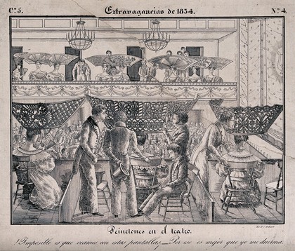 Women attending the theatre in Buenos Aires are wearing very large, ornate head dresses, which makes it very difficult for men to talk to them. Lithograph by C.H. Bacle, 1834.