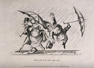 view A man and his umbrella are knocked off the ground as a couple pass him with their umbrella. Etching.