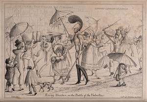 view People walking along the Strand in London holding umbrellas and carrying luggage, leading to accidents and commotion in the street. Etching by J. Baker, ca. 1819.