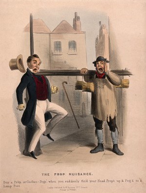 view A man is pinned against a lamp post by the clothes-props that a street trader is selling. Coloured lithograph, ca.1840 (?).