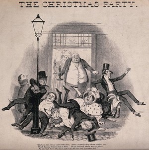 view A crowd of people falling over on the pavement outside an open doorway. Lithograph.