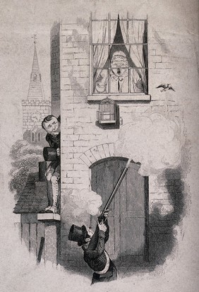 A man shoots at a lark that has escaped from its cage on the street: the woman who owns it watches in horror from an upstairs window, while another man watches from the side of the house. Etching, 183-(?).