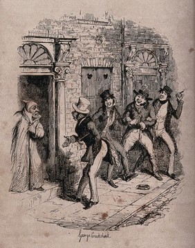 A noisy tenant and three of his friends, having stayed up singing until the early hours of the morning, go to the house of an elderly neighbour and disturb his sleep to ask him for glass of water and the loan of a shilling for a cab. Etching by George Cruikshank, 1839.