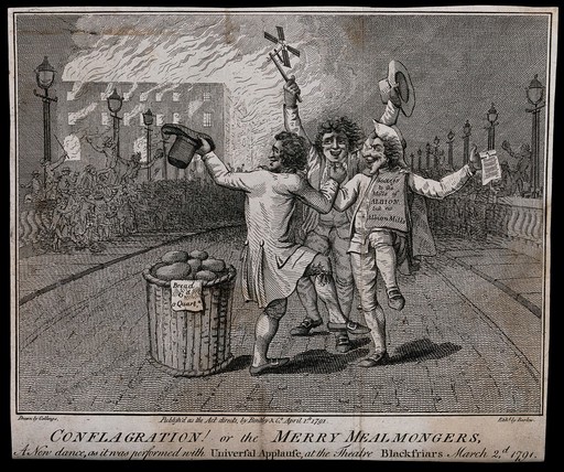 Three men dance in the street as a crowd gathers outside a burning building. Etching by J. Barlow, 1791, after S. Collings.
