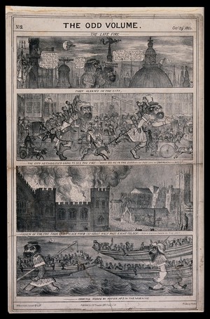 view The Houses of Parliament burning and people are rushing to see the fire. Lithograph by W. Newman after himself.