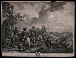 view Gypsies living on the hillside outside a tavern; two men are on horseback, while others are carrying baskets of food, cooking and tending to children. Engraving by J. Moyreau after P. Wouwermans.