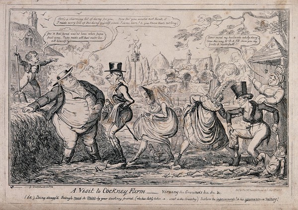 Men and women in smart city clothes are picking their way across a farmyard with chickens and dung; in the background there is a garden much more to their taste with a grotto and statues. Etching by George Cruikshank.