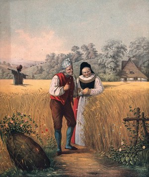 view A farmer and his wife contemplating their full-grown crop in a field ready for harvest. Colour lithograph, 18--.