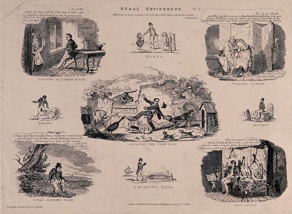 The pursuits of a man retired to the country. Etching by R. Seymour, 1829.