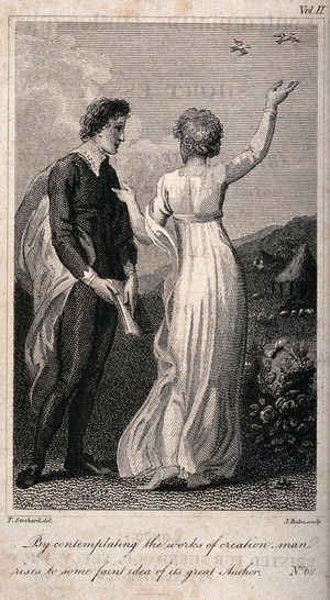view A young man and a woman are standing together in the countryside, he has a book in his hand and she is pointing towards the birds in the sky. Engraving by J. Baker after T. Stothard.