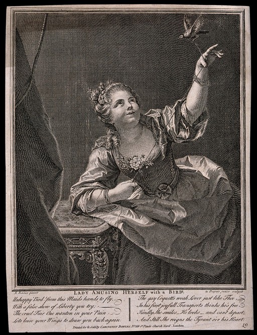 A young woman playing with a bird, which she has on a string. Engraving by Dupuis after J. Raoux.