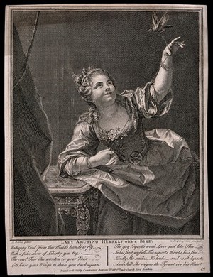 view A young woman playing with a bird, which she has on a string. Engraving by N. Dupuis, ca. 1727, after J. Raoux.