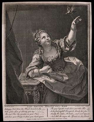 A young woman playing with a bird, which she has on a string. Engraving by N. Dupuis, ca. 1727, after J. Raoux.