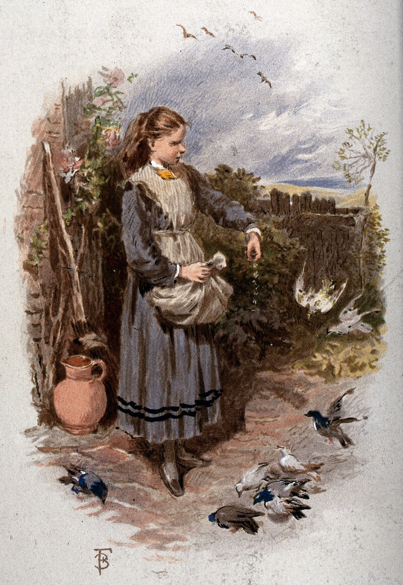 A girl feeding birds at her feet. Colour process print after M. Birket Foster., by Myles Birket Foster