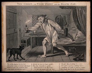 view A man is woken by the ghost of a friend calling to him: he crosses his bedroom in a nightshirt and holding a candle, and is annoyed to find it is a cat. Engraving, 1801.