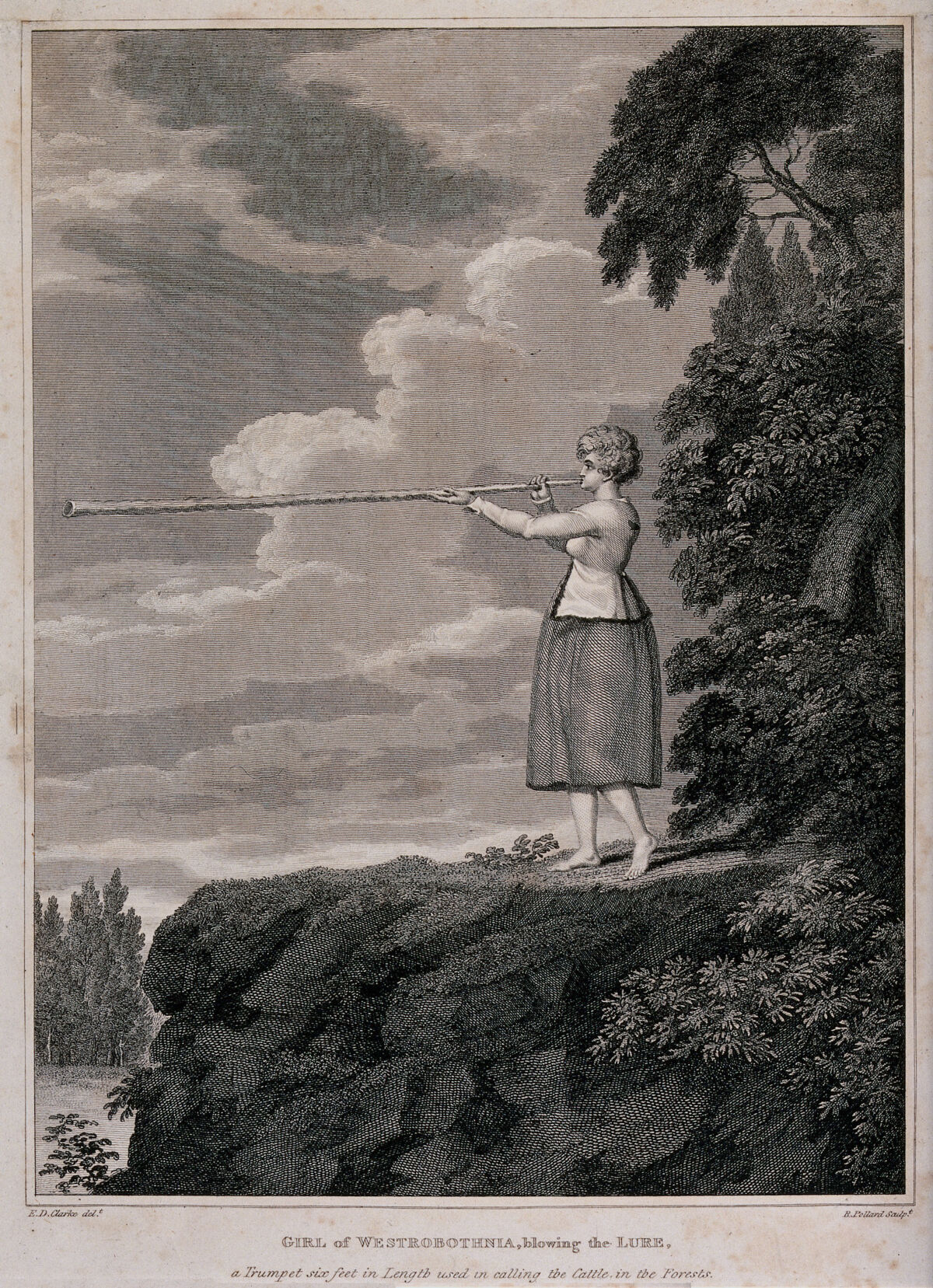 A Swedish woman standing on the edge of a cliff, blowing on a long pipe. Engraving by R. Pollard after E.D. Clarke., Jany 1. 1819, by Edward Daniel Clarke