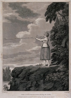 view A Swedish woman standing on the edge of a cliff, blowing on a long pipe. Engraving by R. Pollard after E.D. Clarke.