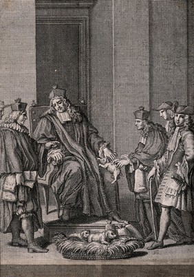 A man in a clerical cloak and hat is sitting on a chair as a puppy is handed to him from a basket on the floor at his feet. Engraving.