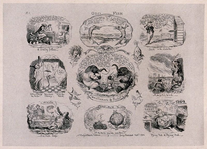 Fish in human situations. Etching by George Cruikshank, 1832., Sept. 1 1832, by George Cruikshank
