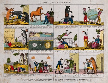 A horse makes a man eat straw, a donkey rides on a man's back, the world is upside down, people eat grass while sheep tend them. Coloured etching.