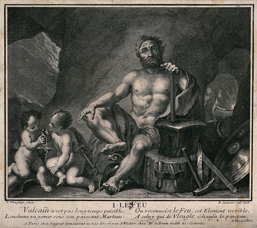 A man sits in a cave with his hand resting on an anvil, as two small children play by him. Engraving by E. Jeaurat after N. Vleughels.