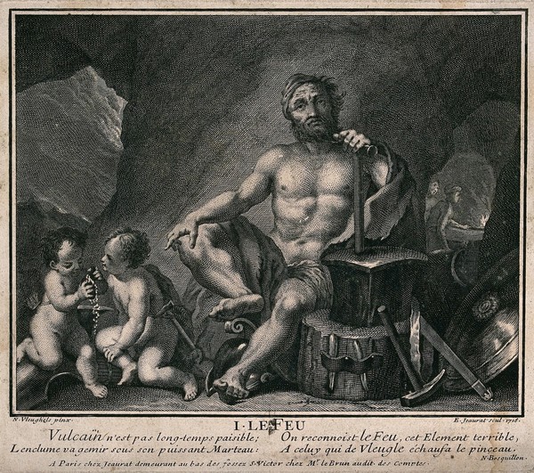 Vulcan at his forge; representing fire. Engraving by E. Jeaurat, 1716, after N. Vleughels.