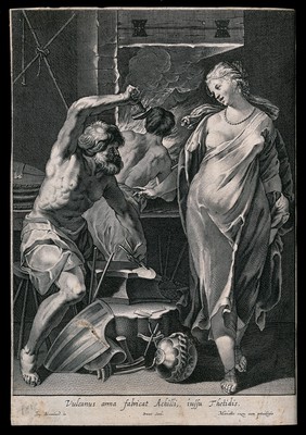 Vulcan is hammering metal at a forge watched by Thetis in flowing robes with pearls in her hair. Engraving by Davet after Jacques Blanchard.