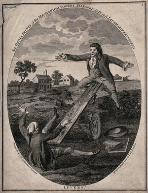 view Two men are using a plank over a large log as a see-saw; representing the mechanics of levers. Engraving.