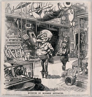 view Two figures, Mr Punch and his cat, with springs on their feet, standing in a museum of modern inventions. Wood engraving after L. Sambourne, 1878.